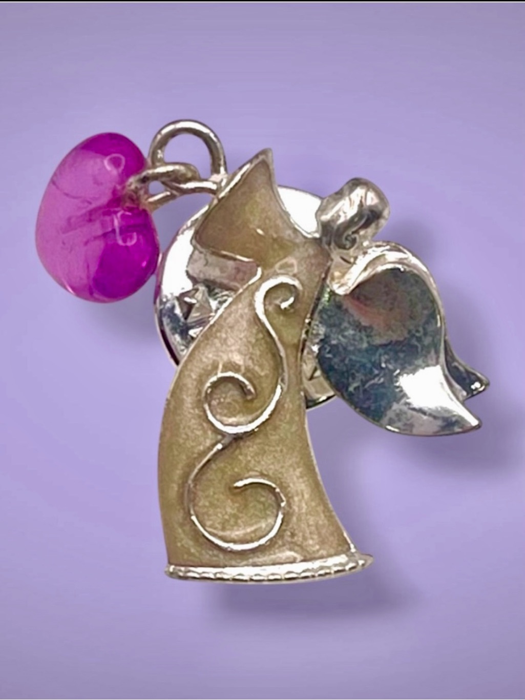 Dainty Avon Enamel Angel Tack Pin With Purple Dangling Heart